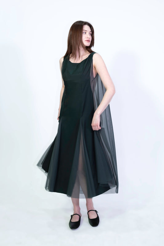 Cupro Combo Boat Neck Godet Dress