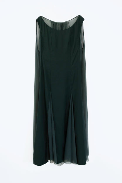 Cupro Combo Boat Neck Godet Dress