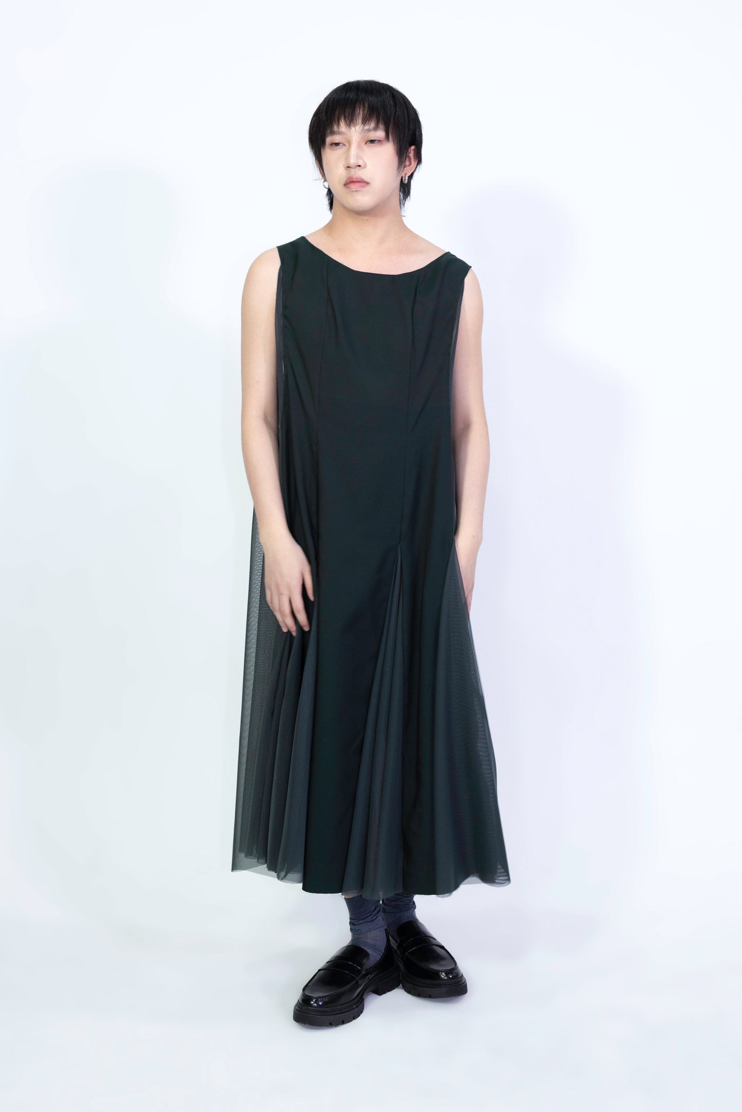 Cupro Combo Boat Neck Godet Dress