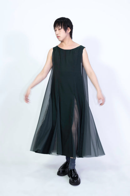 Cupro Combo Boat Neck Godet Dress