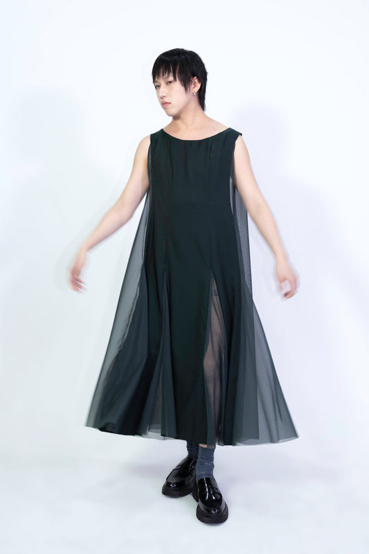 Cupro Combo Boat Neck Godet Dress